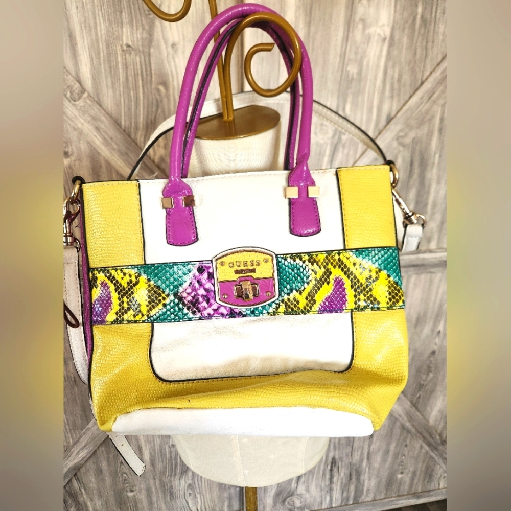 Vintage Guess Multicolor Carry All Purse with Yellow and Purple Accents